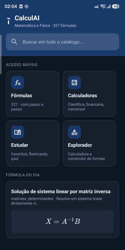 Tela inicial do app CalculAI, com acesso a fórmulas, calculadoras, estudo e explorador