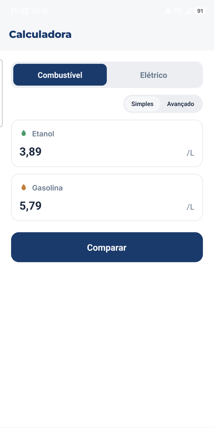 Tela da calculadora de combustível do Carro no Controle, comparando etanol e gasolina