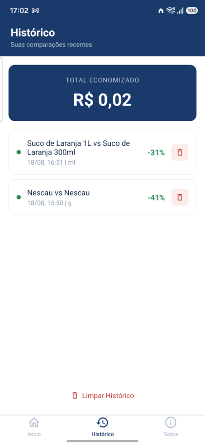 Tela de histórico de comparações do Qual Vale Mais?