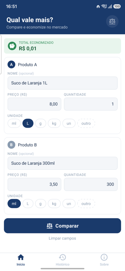 Tela inicial do Qual Vale Mais? com formulário de comparação de produtos