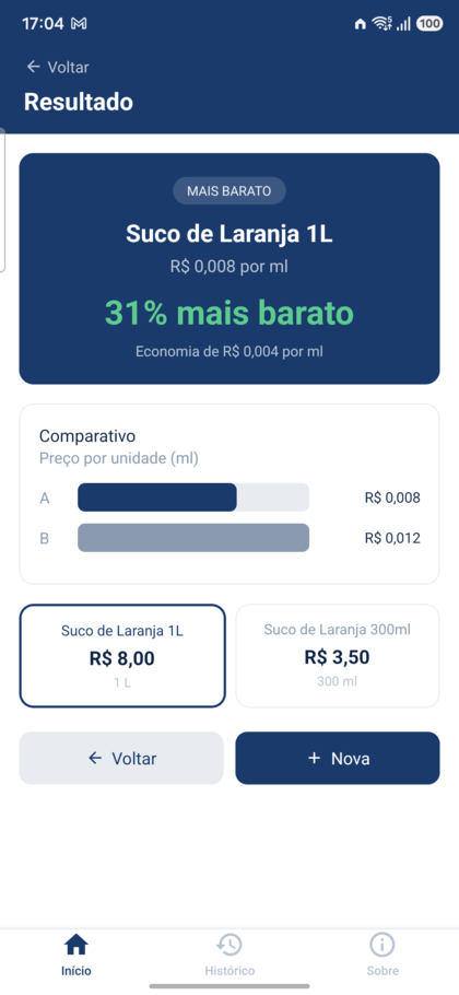 Tela de resultado mostrando qual produto vale mais no Qual Vale Mais?